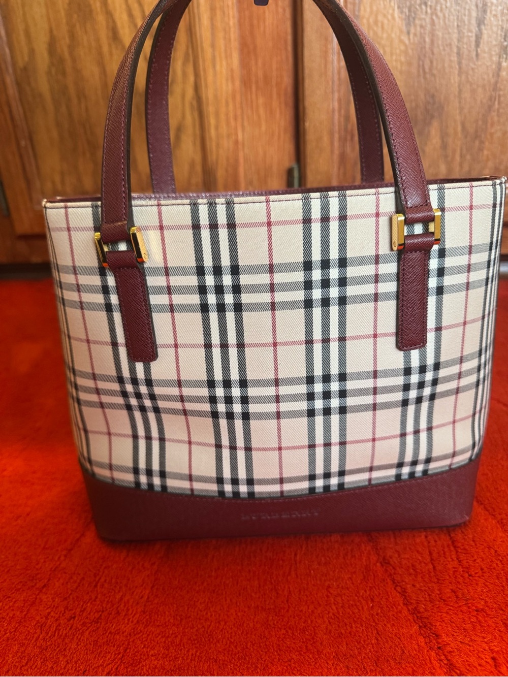 Burberry Beige Nova Check Tote with Burgundy Trim and Gold Hardware